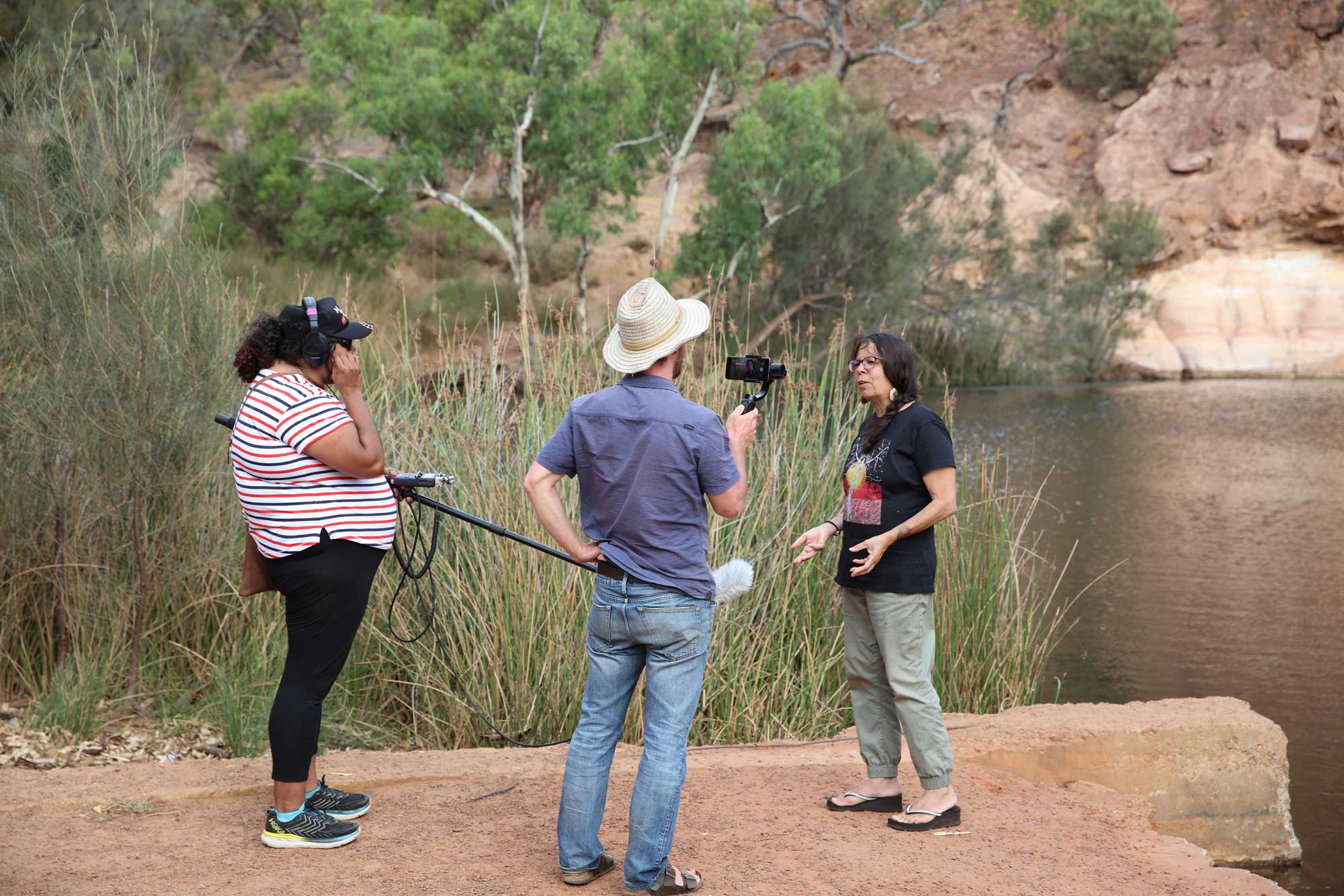 Yamaji Arts crew filming on country. Photo by Glenn Iseger Pilkington