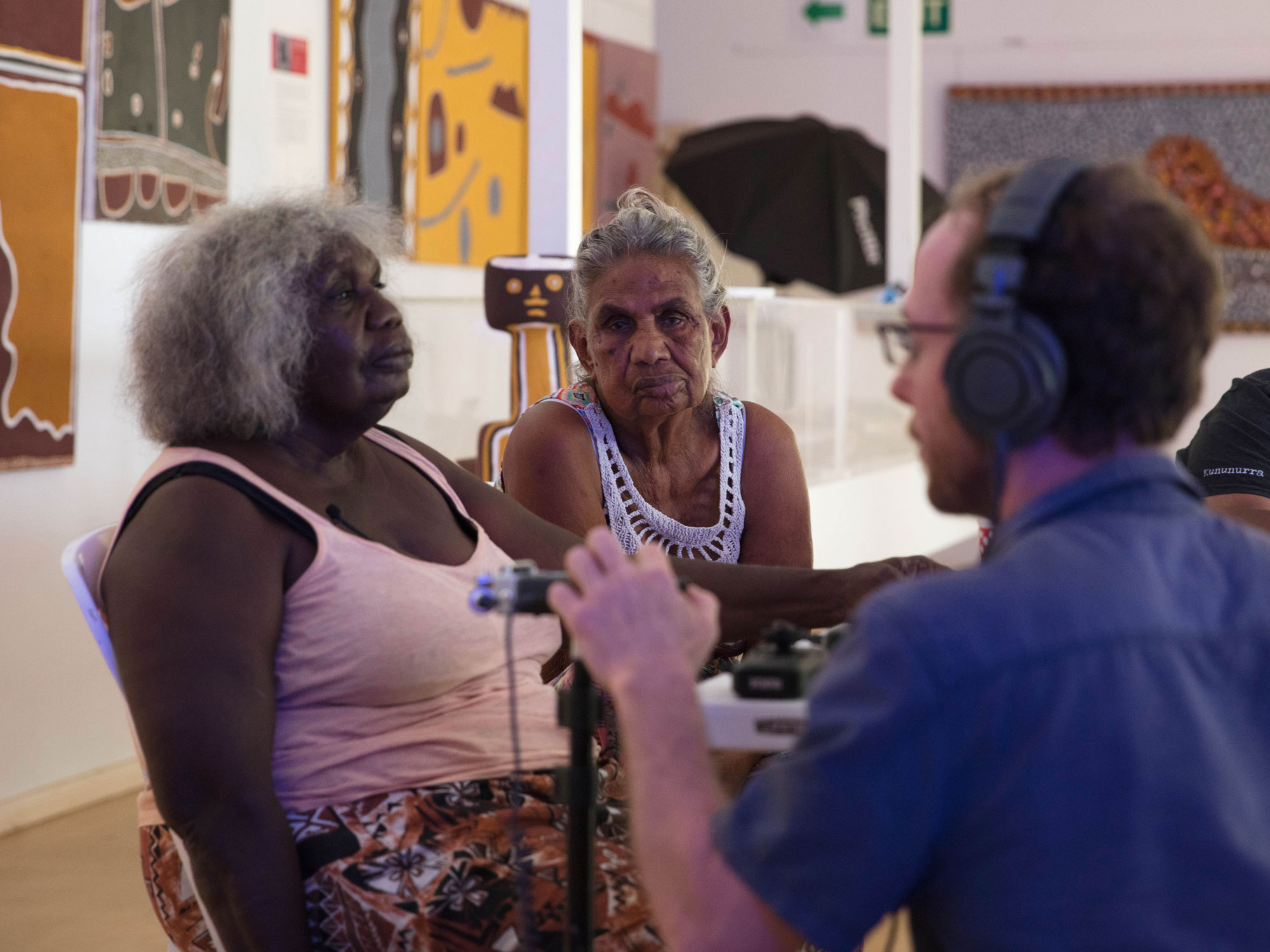 Miriwoong Elders Agnes Yamboong Armstrong and Peggy Griffiths-Madij being interviewed by Sohan Ariel Hayes. Image by Glenn Iseger Pilkington