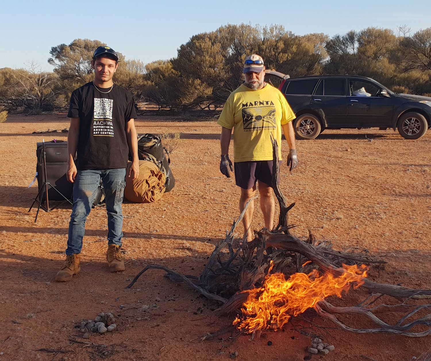 Kado Muir and Director Kuberan Muir on country filming as part of the Indigenous Languages and the Arts Project 2019. Photo by Sohan Ariel Hayes