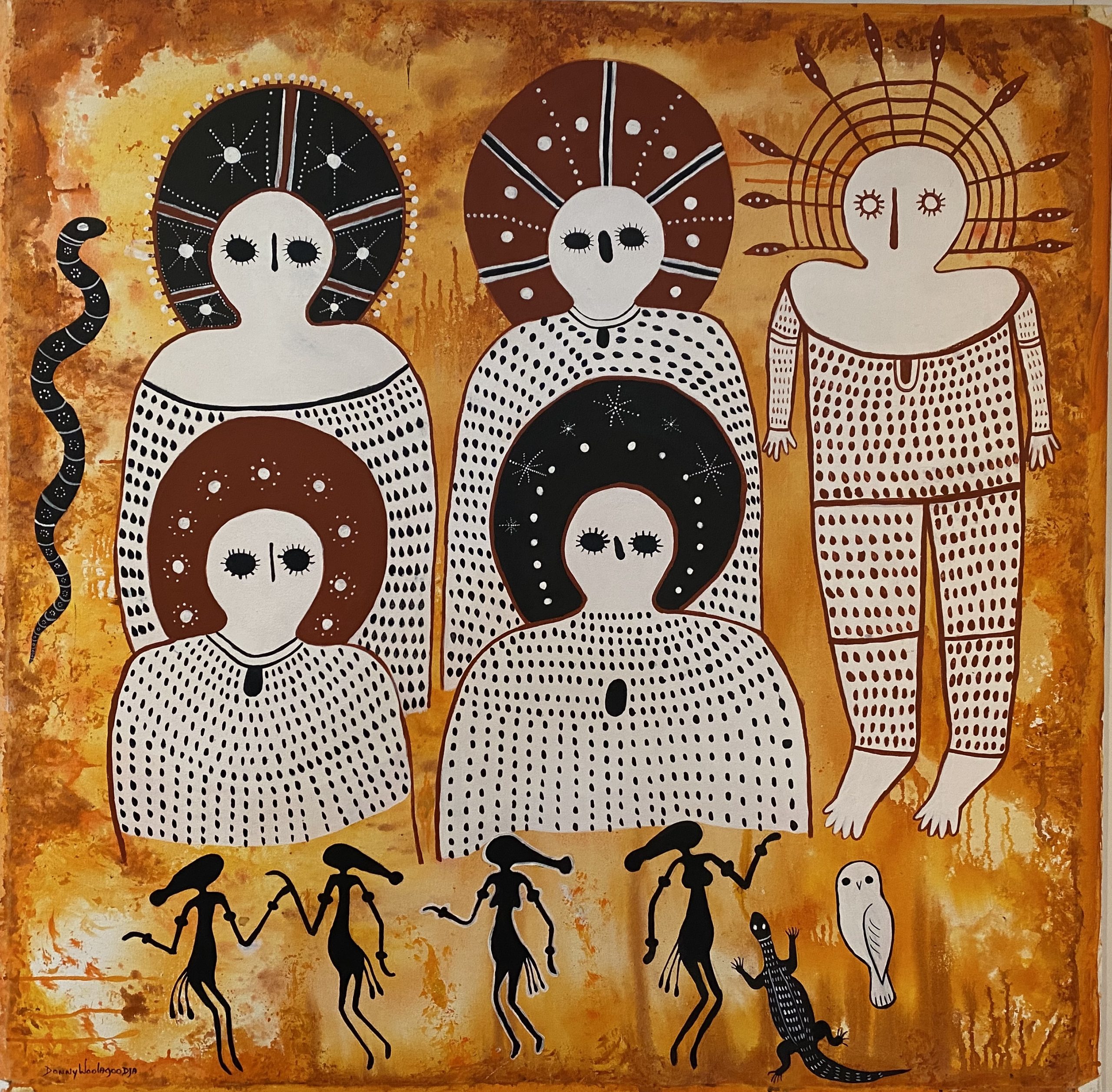 Mr Woolagoodja, Wandjina Dreaming, 2018, acrylic on canvas, 123 x 123cm. Image couresty of Mowanjum Arts