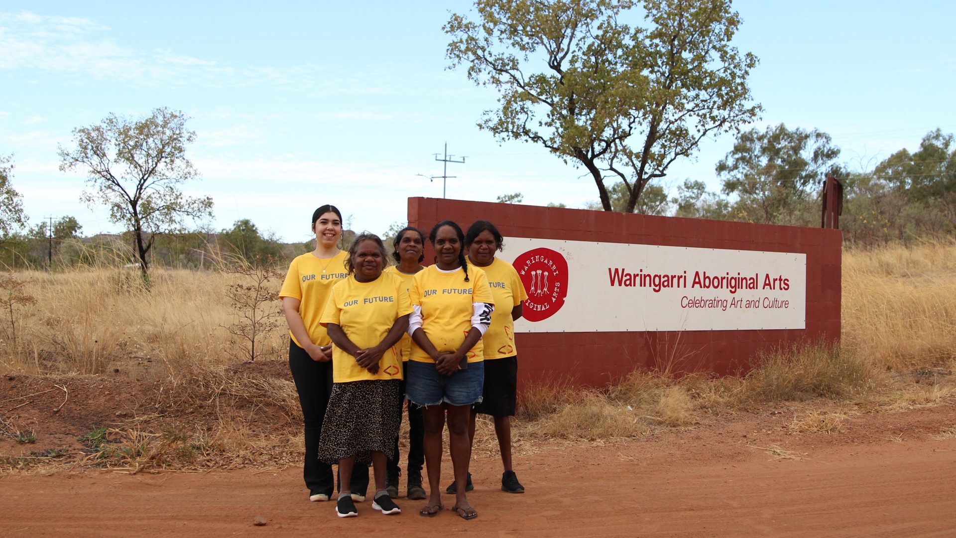 OUR FUTURE 2021 Aboriginal Arts Worker Trainees Lily-Mae Kerley, Cynthia Burke, Sharona Walker, Joylene Warrie, and Delilah Shepherd at Waringarri Arts. Photo: Waringarri Media. 