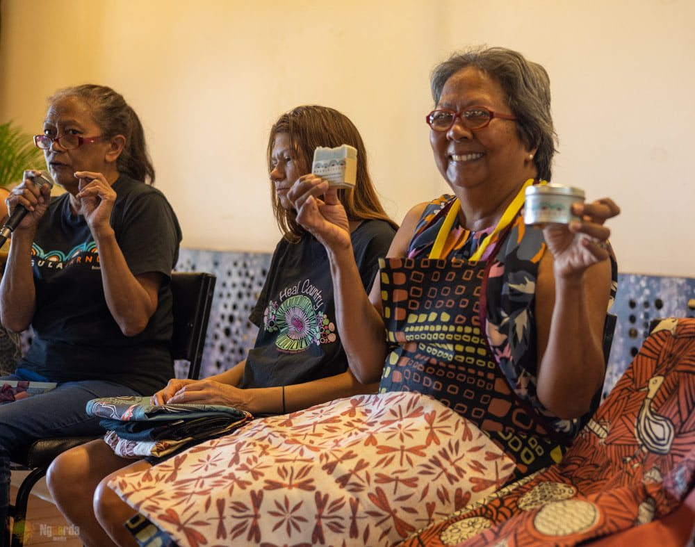 Eunice Yu, Nikita Drummond and Lyn Yu-Mackay showcasing their Nagula Jarndu products. Photo: Sue-Lyn Aldrian-Moyle.