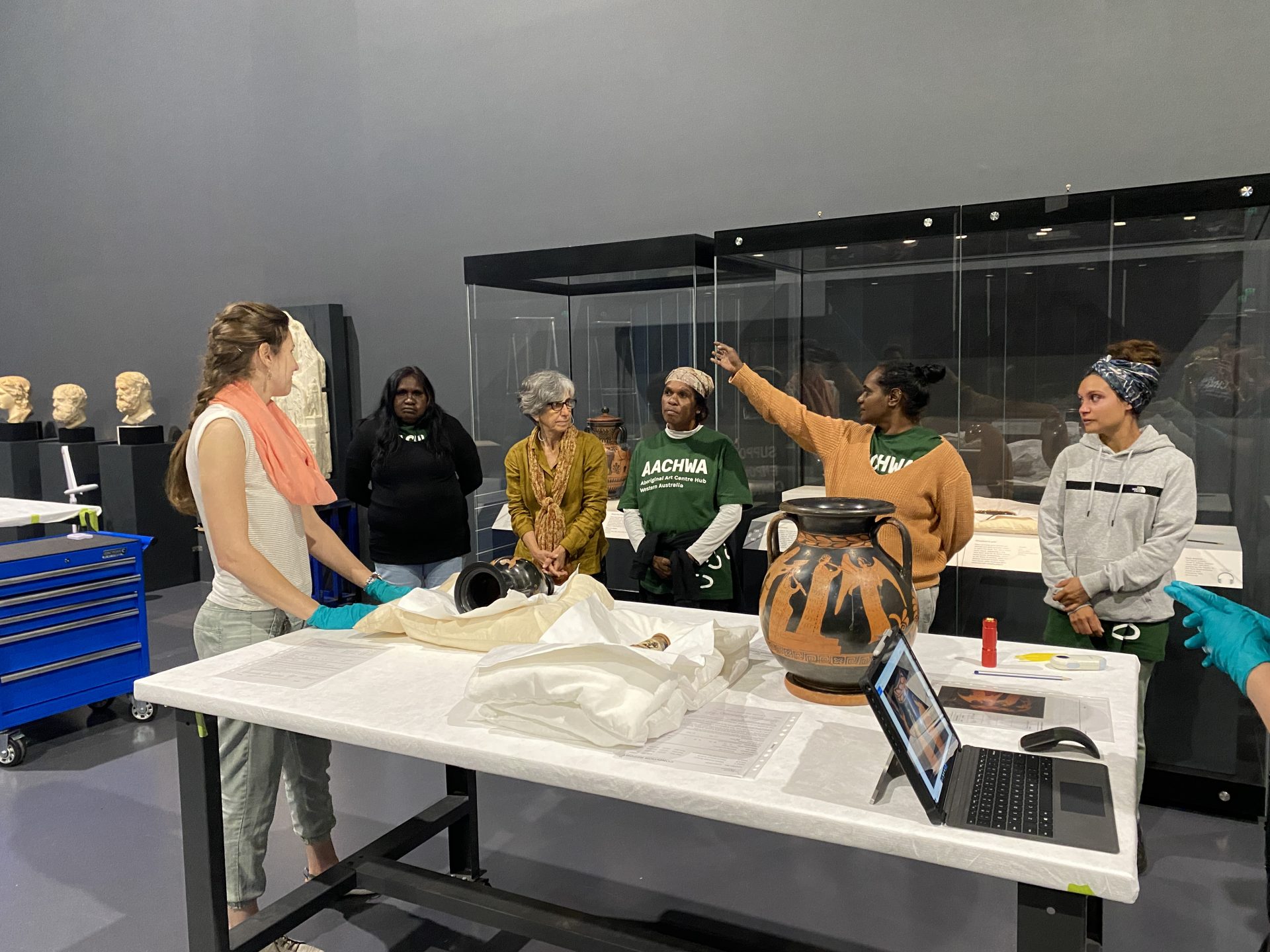 Mary Watson, Sharona Walker, Joylene Warrie, and Gabriella Baxter with WA Museum staff
at WA Museum Boola Bardip, Perth, November 2021. Photograph by Glenda Dixon.