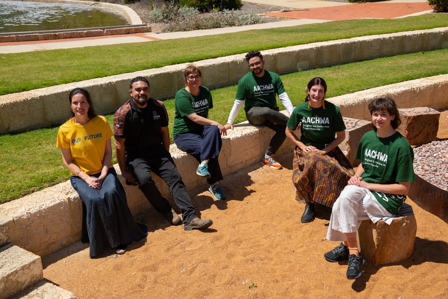 AACHWA staff Glenda Dixon, Chad Creighton, Silvia Ferolla, Alex Egloff, Simone Johnston and Liz Smith, Geraldton, 2022. Photographer: Dragonfly Media.