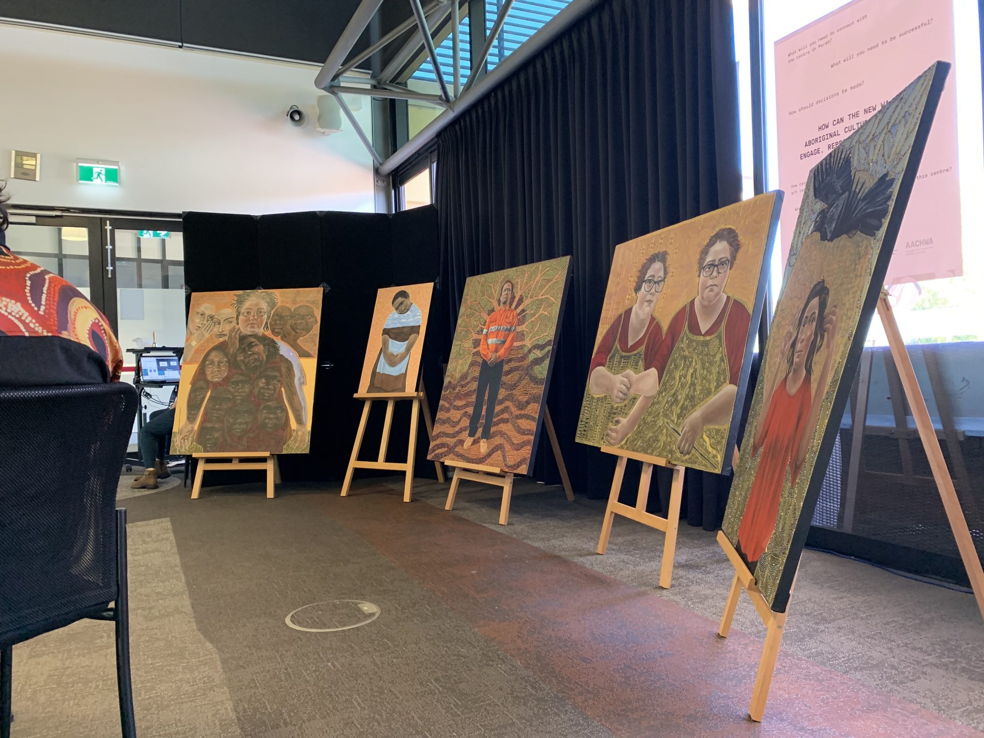 Artworks by Julie Dowling on display at the Our Business Forum, Geraldton, 2022. Photographer: Liz Smith.