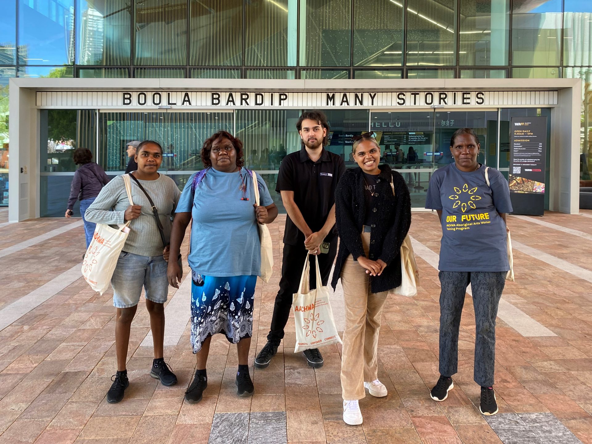 Our Future Aboriginal arts worker training participants: Shontae Charles, Leonie Bennett, Dylan Kerley, Marrika Gilla and Jade Butler.  Photographer: Glenda Dixon.