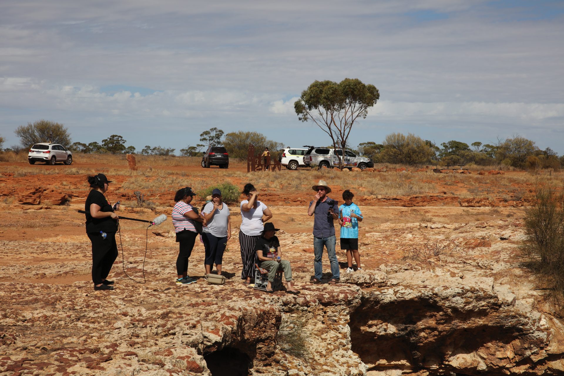 Yamaji Arts crew filming on country as part of the Indigenous language and the Arts project, 2019. Photograph by Glenn lseger Pilkington. 