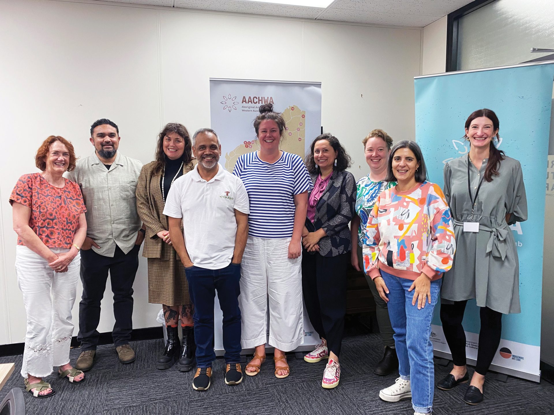 Delwyn Everard (Everard Consulting), Chad Creighton (CEO AACHWA), Emilia Galatis (Emilia Galatis Projects). Charles Prouse (Nyikbar Consulting), Jenna Dodge (Pilbara Development Commission), Sharmila Wood (Tarruru). Mollie Hewitt (Black Iris), Rania Ghandour (Black Iris) Simone Johnston (Project Coordinator AACHWA) at the Make it Real consultant planning day, Boorloo (Perth), 2022. Photograph by Glenda Dixon.