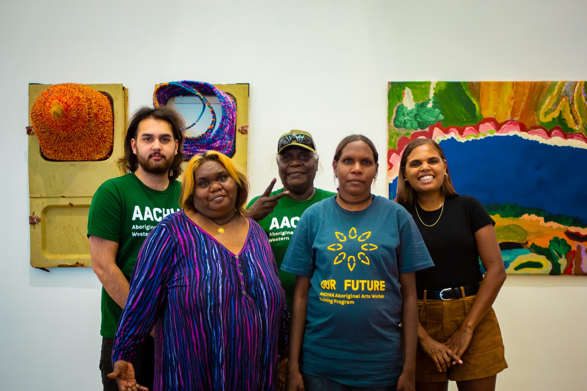 Our Future: Aboriginal Arts Worker Training Program participants Dylan Kerley, Leonie Bennett, Angelina Boona, Jade Butler and Marrika Gilla, Parnpajinya (Newman), 2023. Photograph by Jess Russell. 