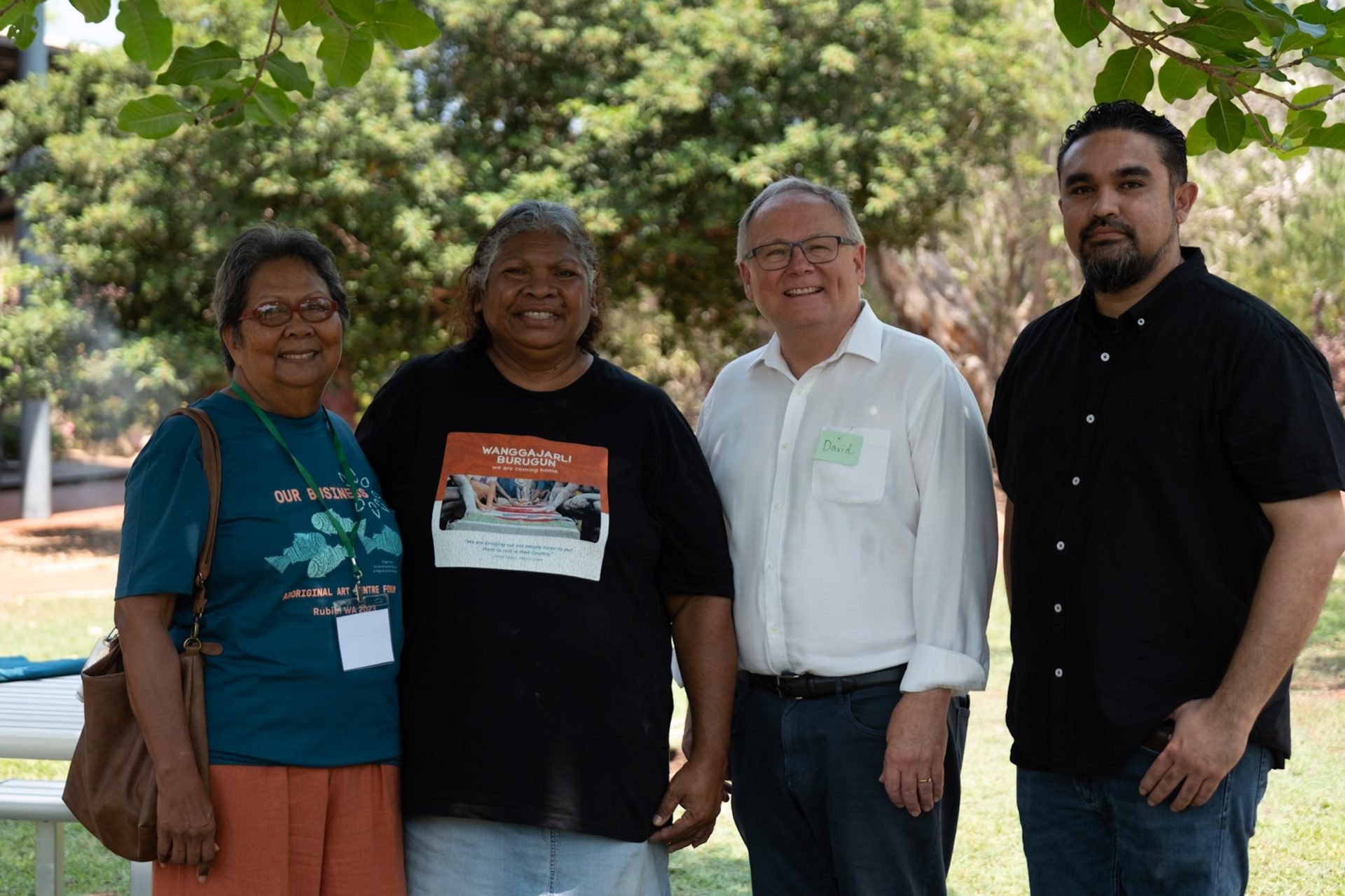 Lyn Yu-Mackay (AACHWA Chair), Dianne Appleby, Hon. David Templeman, Chad Creighton (AACHWA CEO), Our Business: Aboriginal Art Centre Forum, Rubibi (Broome), 2023.