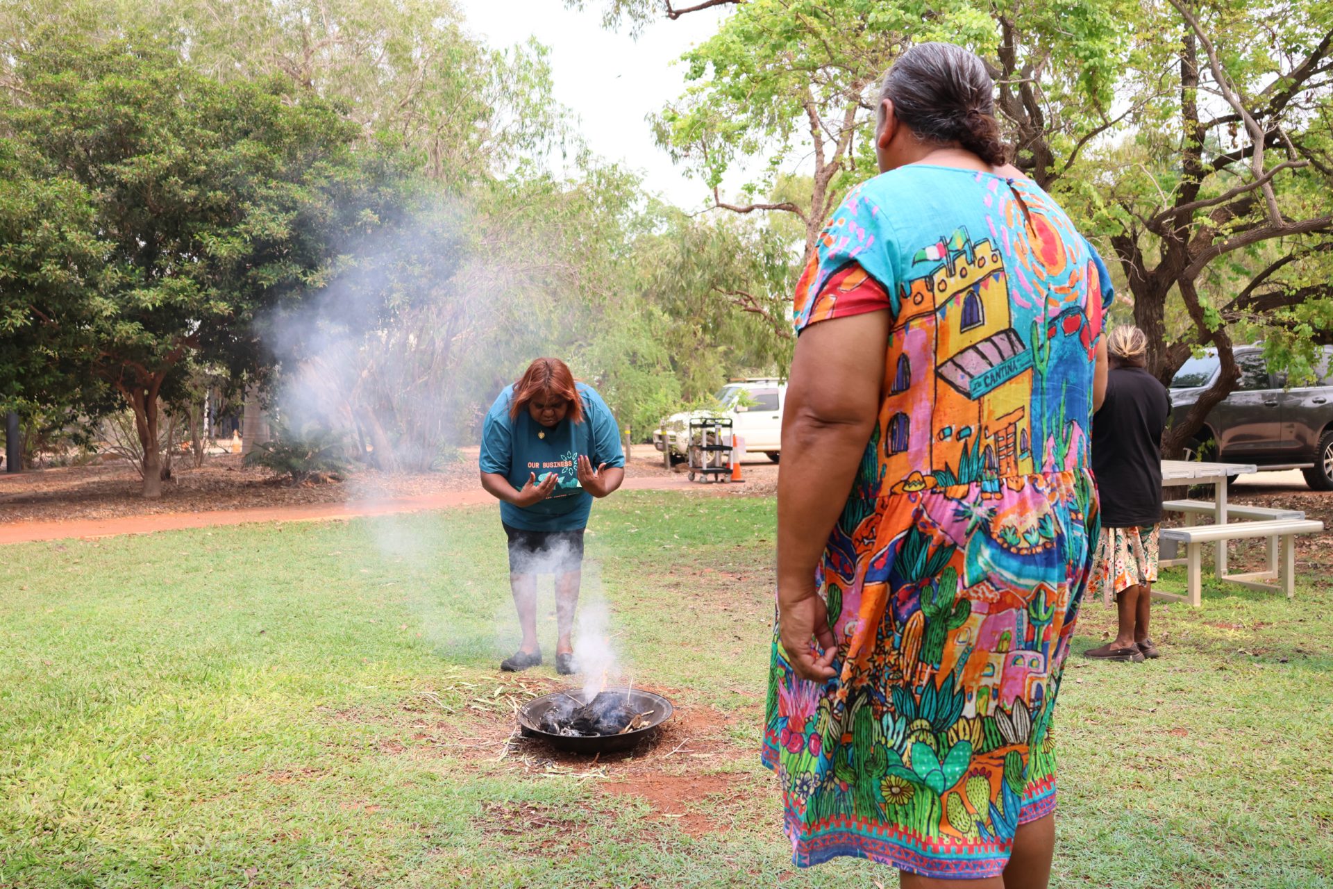 Smoking ceremony, Leonie Bennett and Aunty Dianne Appleby, Our Business: Aboriginal Art Centre Forum, Rubibi (Broome), 2023.