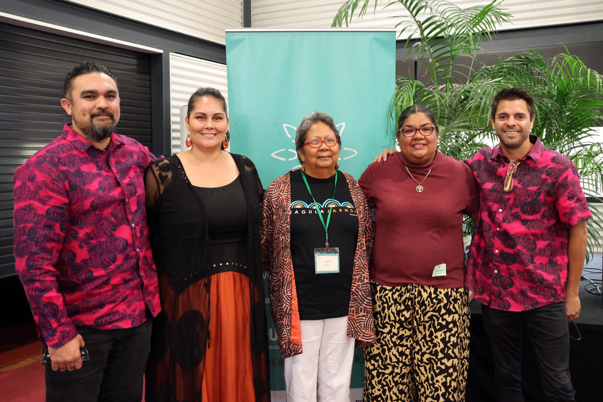 Chad Creighton (AACHWA CEO), Taliah Payne (Nyamba Buru Yawuru), Lyn Yu-Mackay (AACHWA Chair), Ms Divina D'Anna MLA, Bart Pigram (Narlijia Experiences), Our Business: Aboriginal Art Centre Forum, Rubibi (Broome), 2023. 