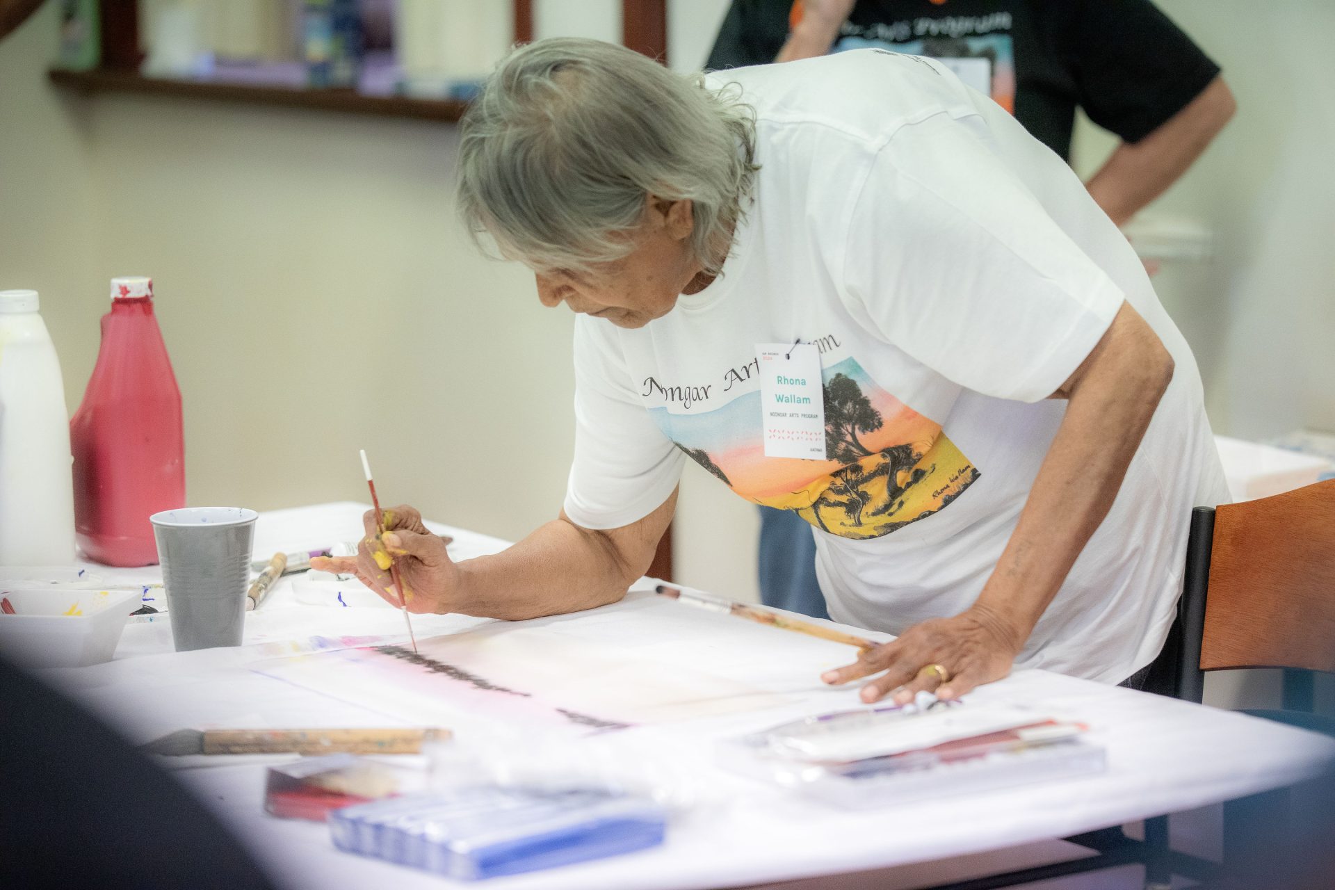 Paintings and Stories of Noongar Country Workshop hosted by Noongar Arts Program. Our Business: Aboriginal Art Centre Forum, Goomburrup (Bunbury), 2024. Photo: Dani Carter.