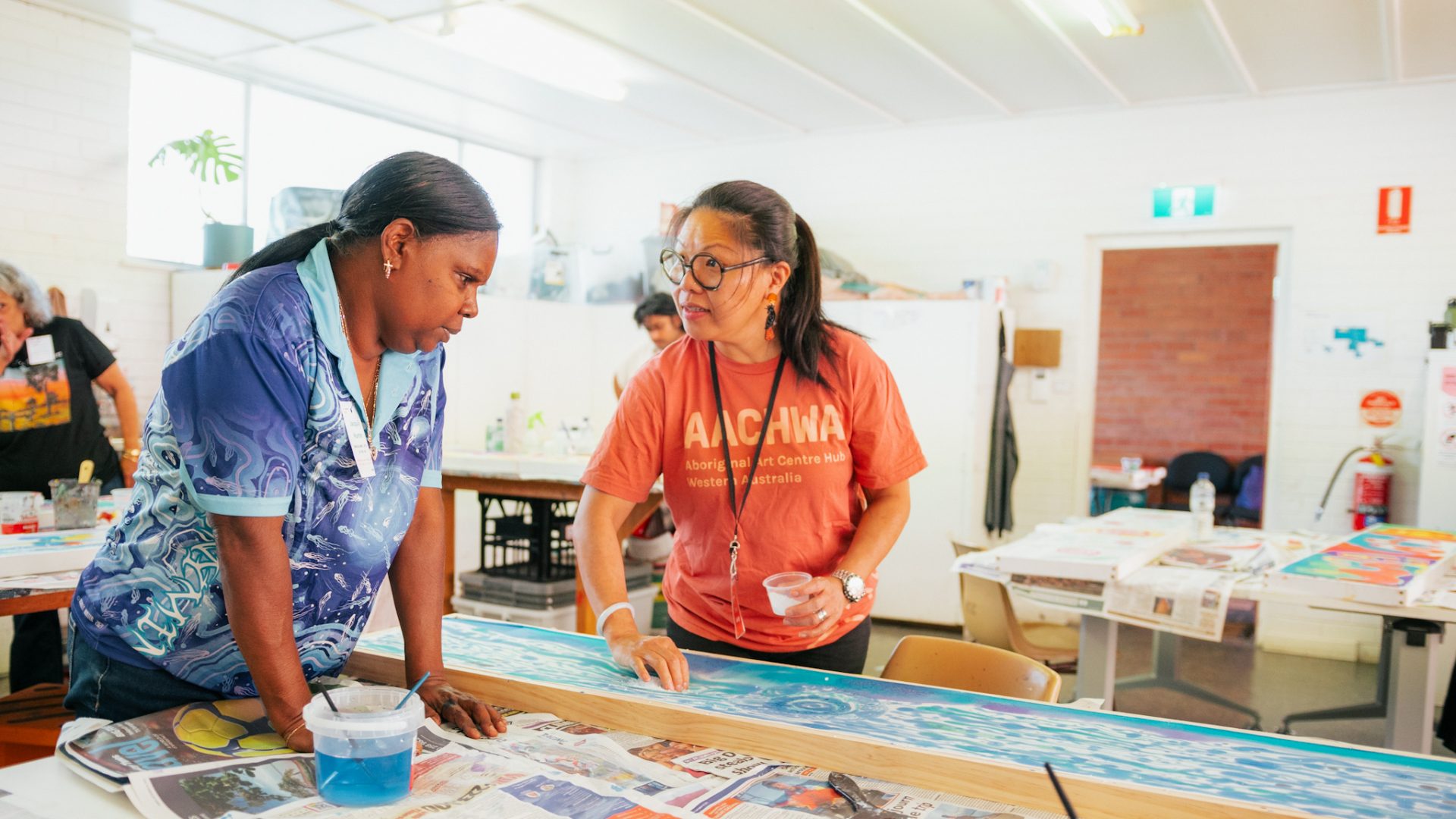 Silk Painting Workshop hosted by Noongar Arts Program at Bunbury Regional Art Gallery. Our Business: Aboriginal Art Centre Forum, Goomburrup (Bunbury), 2024. Photo: Jason Haji-Ali.