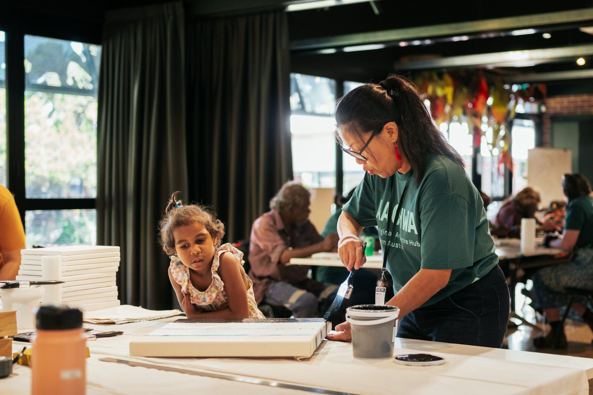 Practical Studio Skills Workshop hosted by Jacky Cheng and Kate Leslie. Our Business: Aboriginal Art Centre Forum, Goomburrup (Bunbury), 2024. Photo: Jason Haji-Ali.