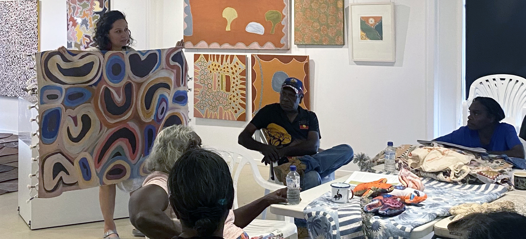 Consultant Sharmila Wood from Tarruru with artists at Waringarri Aboriginal Arts, Kununurra, 2023. 