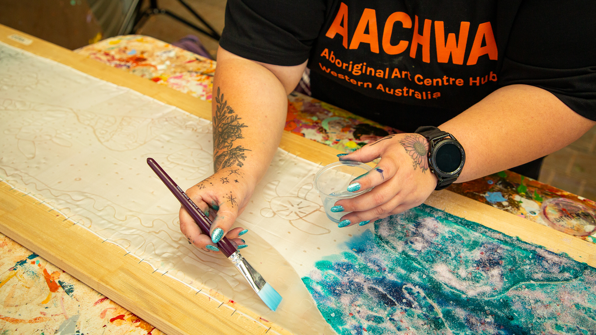 Rekeshia Goodwin silk painting, Our Future: Aboriginal Arts Worker Training Program at Martumili Artists, Nyiyaparli Country (Newman). Photograph by Jessica Russell.