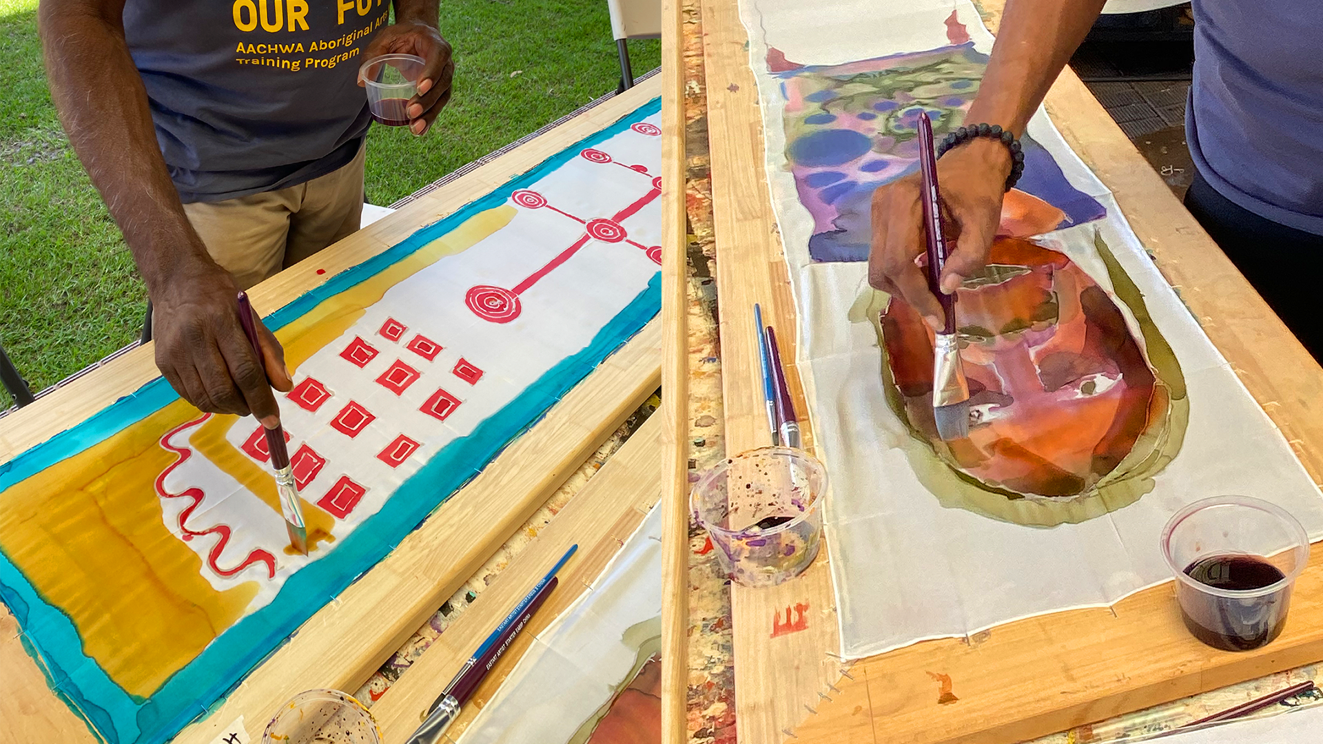 Henry Farmer (left) and Sylvia Wilson (right) silk painting, Our Future: Aboriginal Arts Worker Training Program at Martumili Artists, Nyiyaparli Country (Newman). Photograph by Glenda Dixon. 