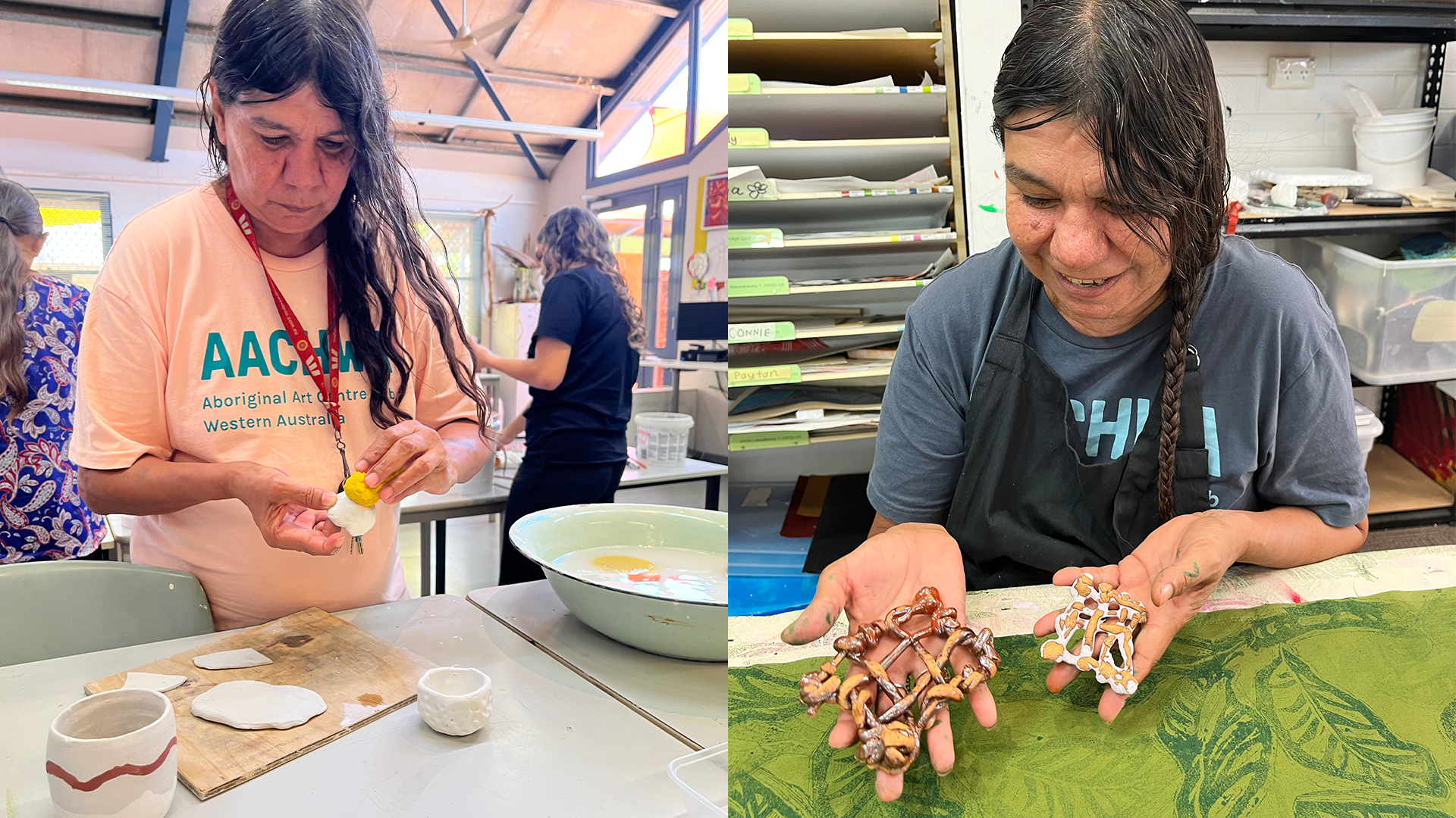 Nagula Jarndu Designs artist, Lorraine Hunter in the Visual arts studio at the North Regional TAFE, Broome with Lecture and artist Tanya Lee, learning how to glaze their newly made ceramics pieces. During the Our Country Moves, Rubbi (Broome) November 2024, ceramics exploration workshop. Photography by Tanya Lee. Lorraine Hunter sitting with her freshly glazed and fired artwork in the Nagula Jarndu Designs studio during the Our Country Moves, Rubbi (Broome) November 2024, workshop facilitated by North Regional TAFE Lecturer and artists Tanya Lee.  
Photography by Tanya Lee.