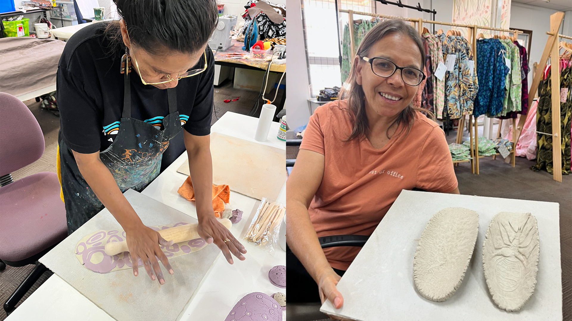 Rowena Morgan rolling out a clay slab, as she combines two types of clay to create a coolamon during the Our Country Moves, Rubbi (Broome) November 2024, ceramics exploration workshop with Nagula Jarndu Designs. 
Photography by Tanya Lee. Dena Gower with her freshly sculpted Coolamons, before they undertook the bisc (first) firing. At the Our Country Moves, Rubbi (Broome) November 2024, workshop facilitated by North Regional TAFE Lecturer and artists Tanya Lee. Photography by Tanya Lee.