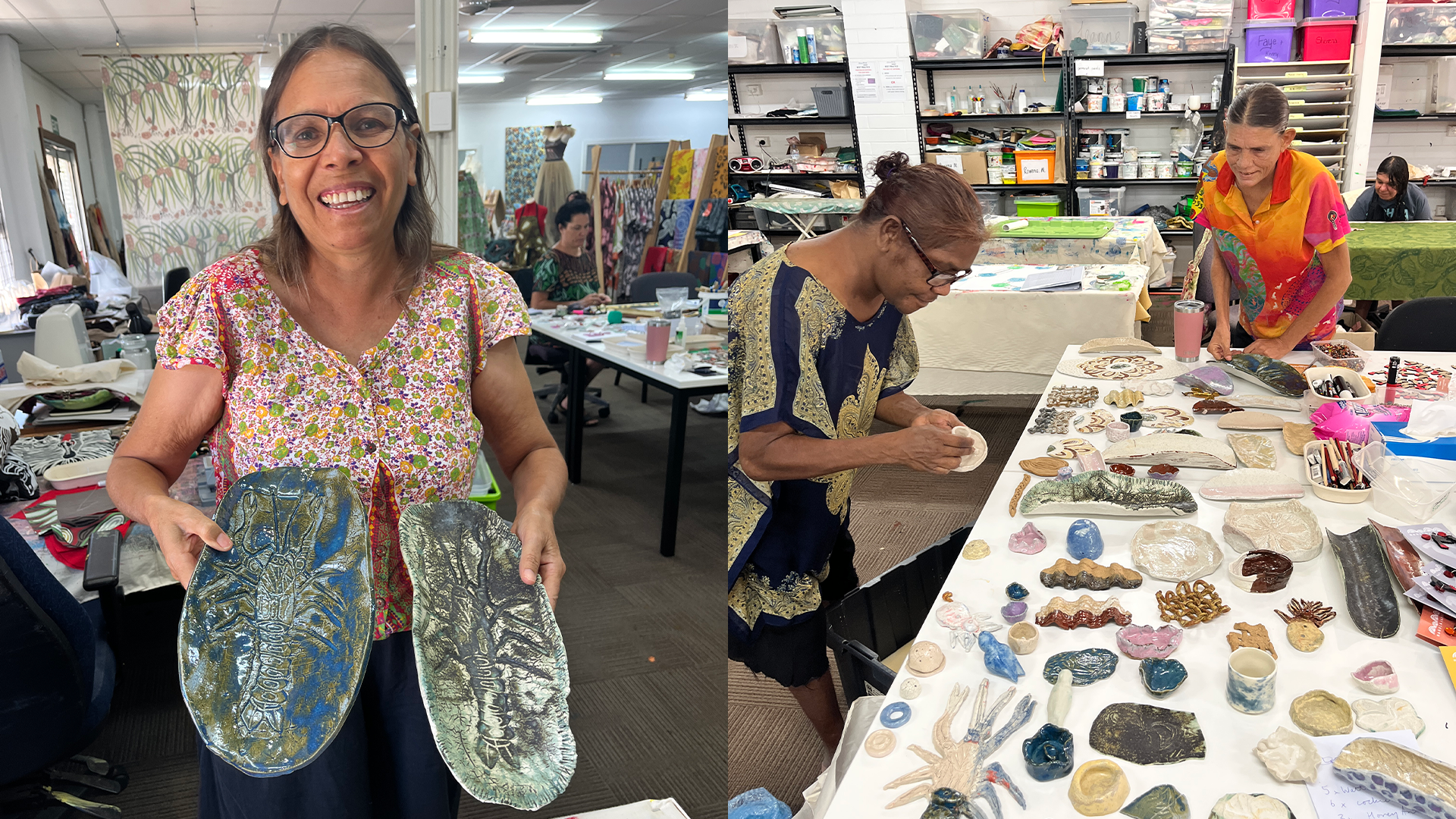 Dena Gower proudly standing in the Nagula Jarndu Designs studio with her glazed and fired Coolamons. At the Our Country Moves, Rubbi (Broome) November 2024, workshop facilitated by North Regional TAFE Lecturer and artists Tanya Lee. Cecilia Tigan and Kathleen Holzhauser looking over their ceramic artwork, after it had been taken out of the kiln following the final firing. At the Our Country Moves, Rubbi (Broome) November 2024, workshop facilitated by North Regional TAFE Lecturer and artists Tanya Lee.  