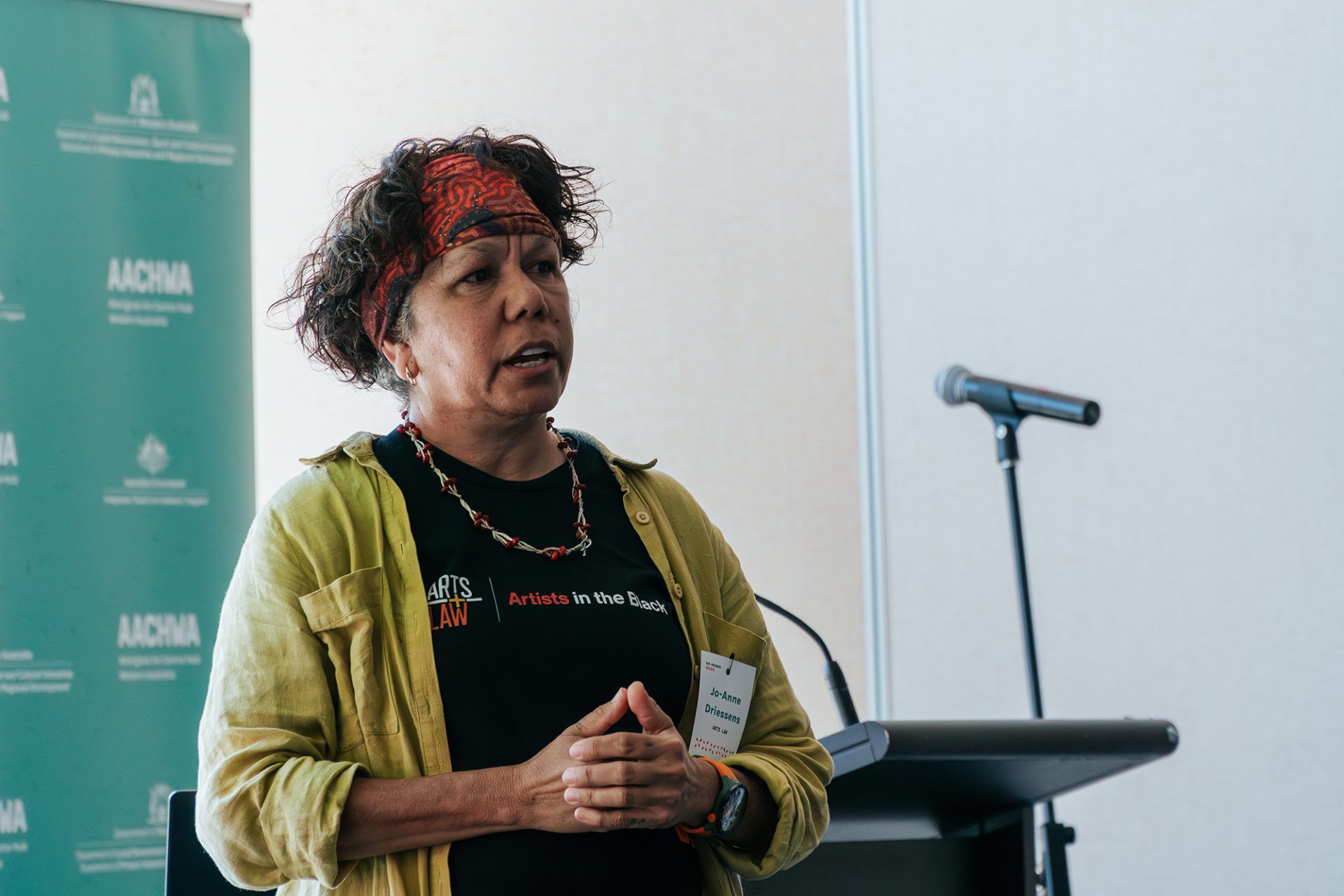 Jo-Anne Driessens, Our Business: Aboriginal Art Centre Forum, Bunbury Regional Entertainment Centre, Wardandi Country, 2024, courtesy of Aboriginal Art Centre Hub of WA (AACHWA), photo: Jason Haji-Ali. 